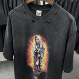 Mens Vintage T-Shirts SAINT MICHAEL Washing Water Old Ripped Virgin Mary T-Shirts