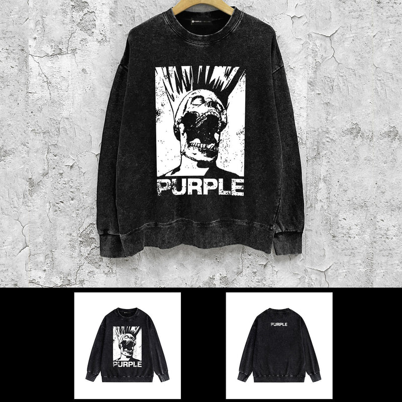 Purple Brand Distressed Sweatshirt Fashion Washed Black Long Sleeves Top