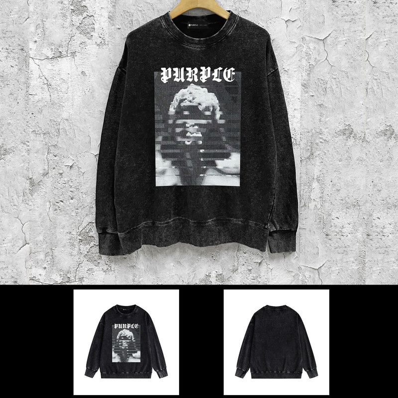 Purple Brand Distressed Sweatshirt Fashion Washed Black Long Sleeves Top