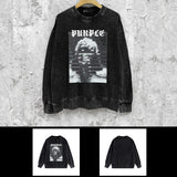 Purple Brand Distressed Sweatshirt Fashion Washed Black Long Sleeves Top