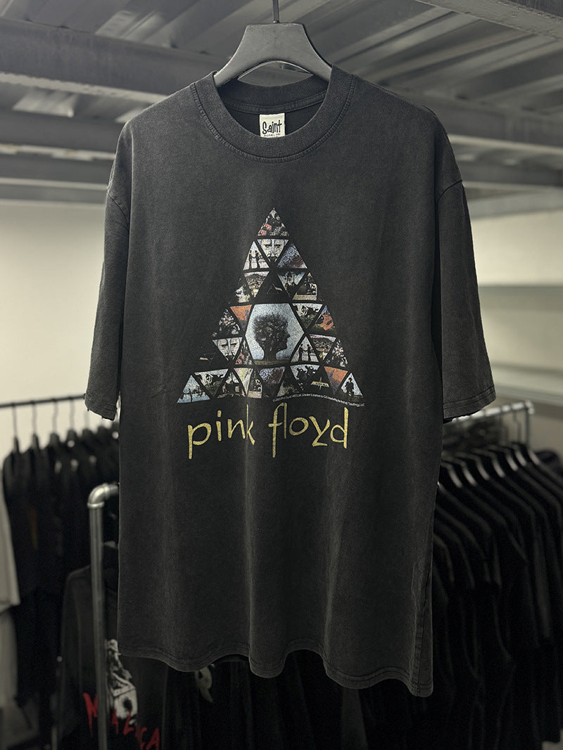 Men Vintage T-Shirts "Pink Floyd" Band Washed Black Tee