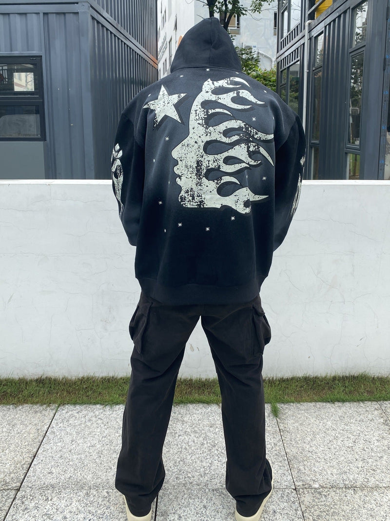 HS Hoodie Retro Distressed Graffiti Loose Fleece-lined