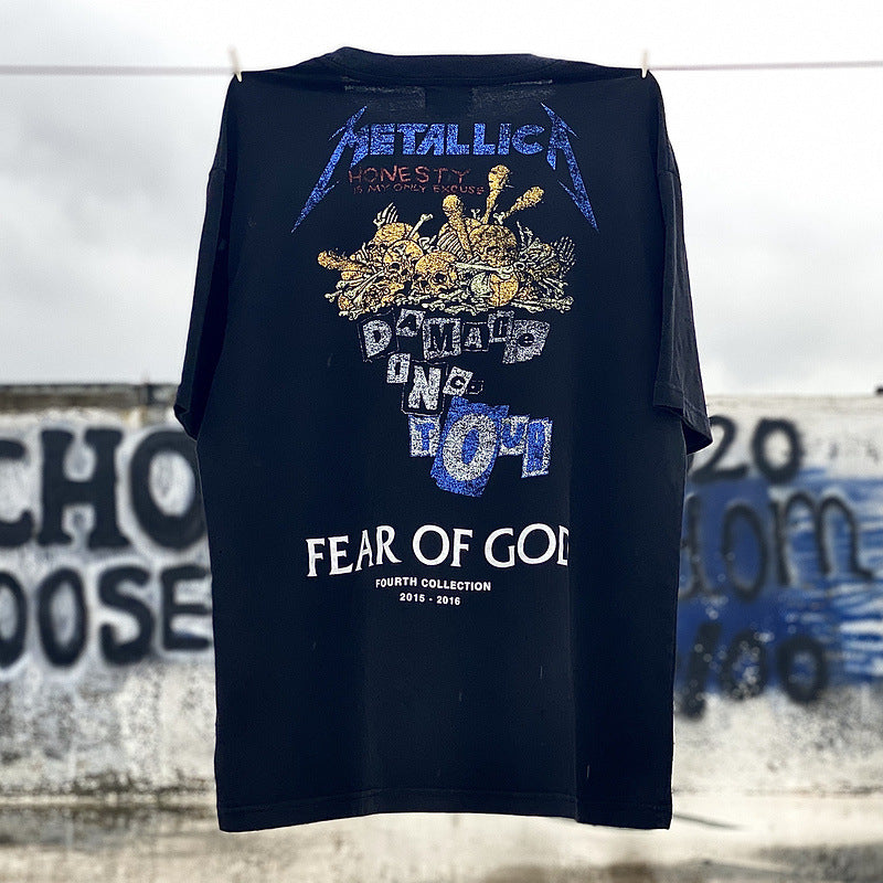 Mens Vintage T-Shirts Wash water do old short sleeve fog tour mace skull casual T-shirt