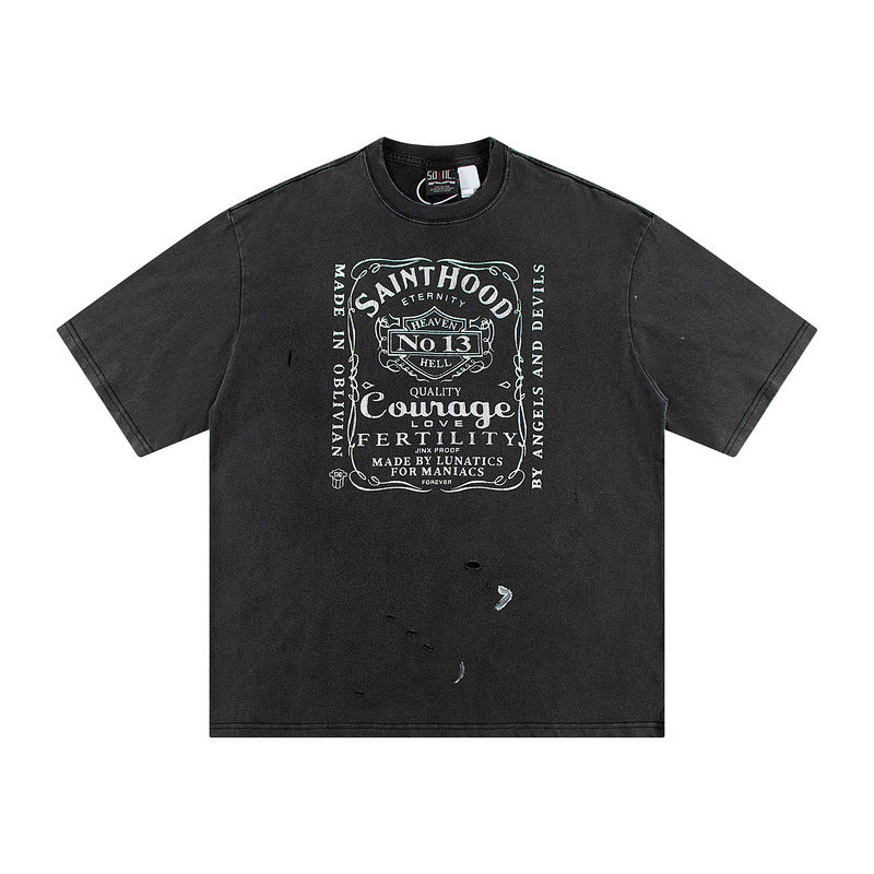 Men Vintage T-Shirts Vintage Skull Motorcycles Hand Wash Water Make Old Short Sleeve T-Shirts Street Casual