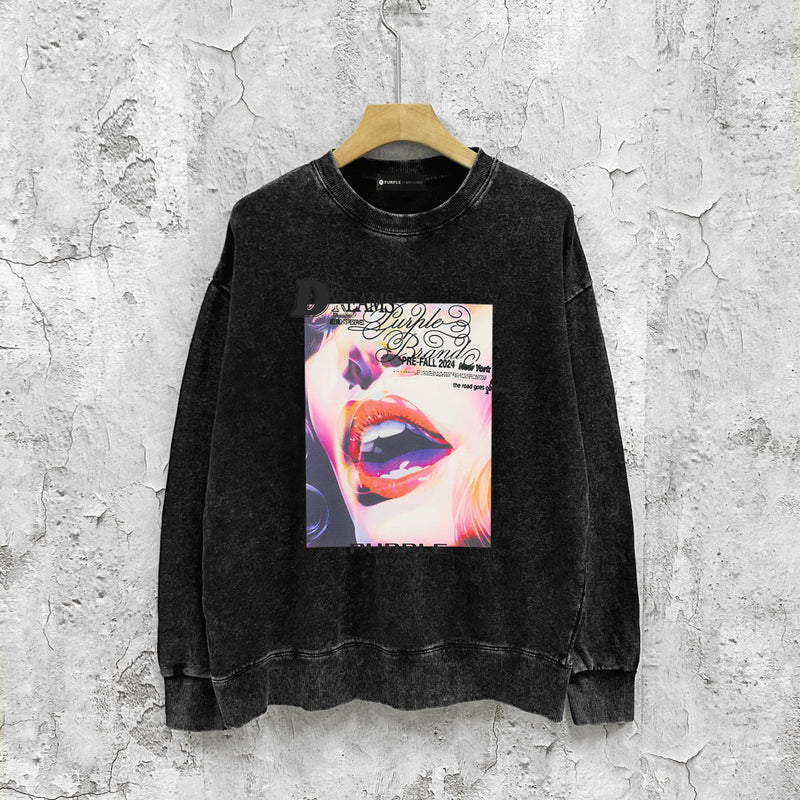 Purple Brand Distressed Sweatshirt Fashion Washed Black Long Sleeves Top