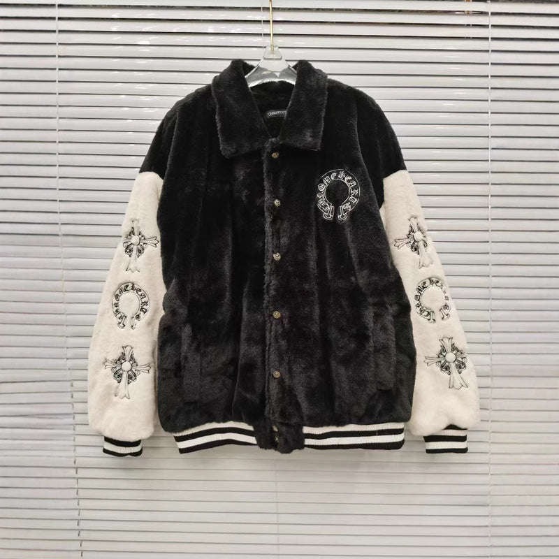 CHH Chrome Heart Coat Vintage embroidery black and white color matching loose lamb wool cotton jacket