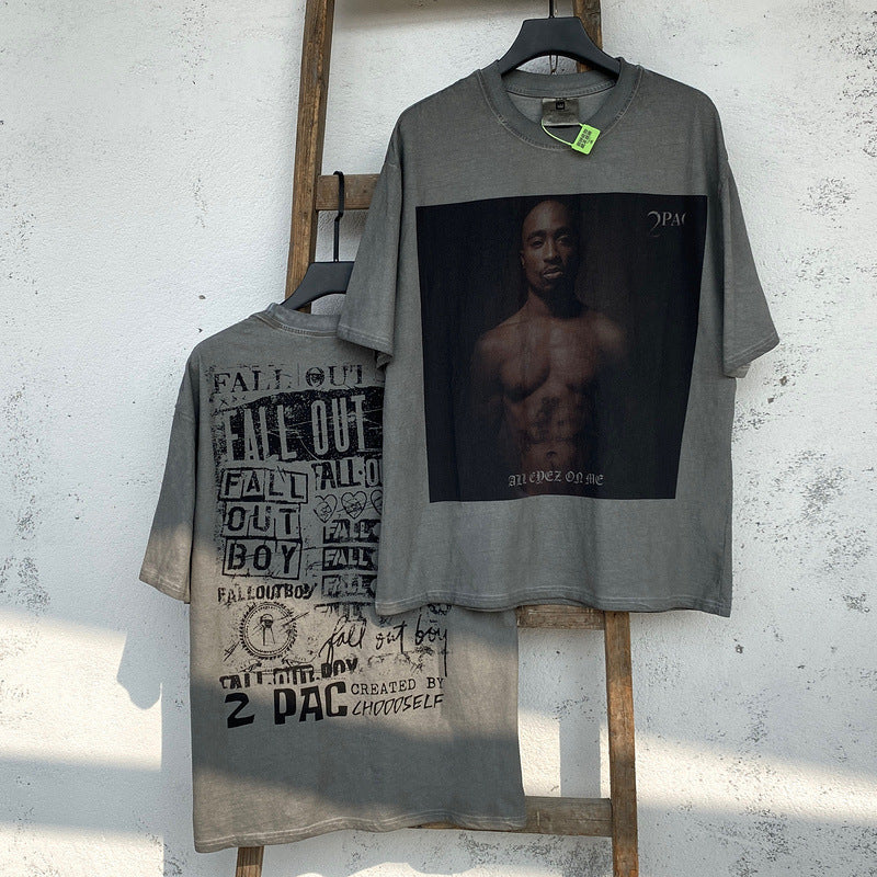 Mens Vintage T-Shirts vintage2PAC print wash water do old retro T-shirt