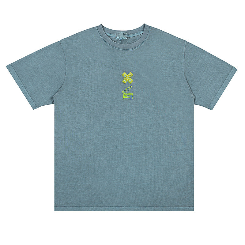 C.e t shirts embroiderletter washed batik round neck pullover short sleeve men and women