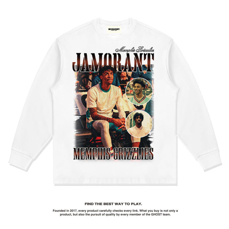 Nba Long Sleeve Shirt Washed Distressed Long Sleeve T-shirt Vintage Cotton round Neck