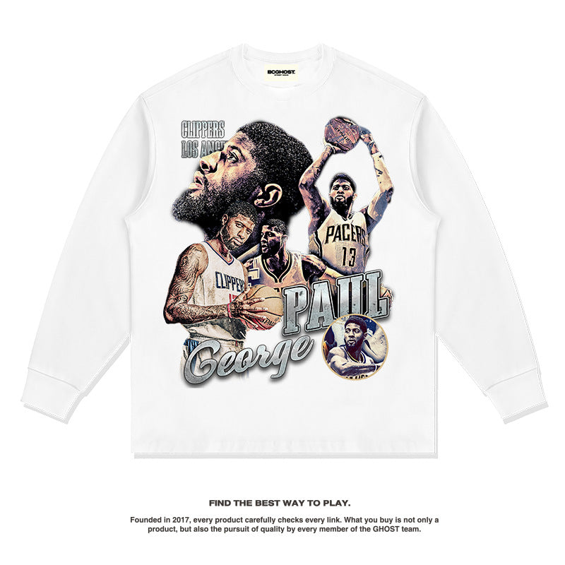 Nba Long Sleeved Shirt Paul George Clippers Autumn and Winter Long Sleeve T-shirt Men's and Women's Loose Top