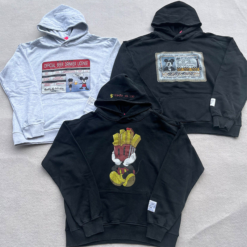 Mens Vintage T-Shirts Purey American Wash Make Old Mickey Cartoon Vintage Print Casual Hooded
