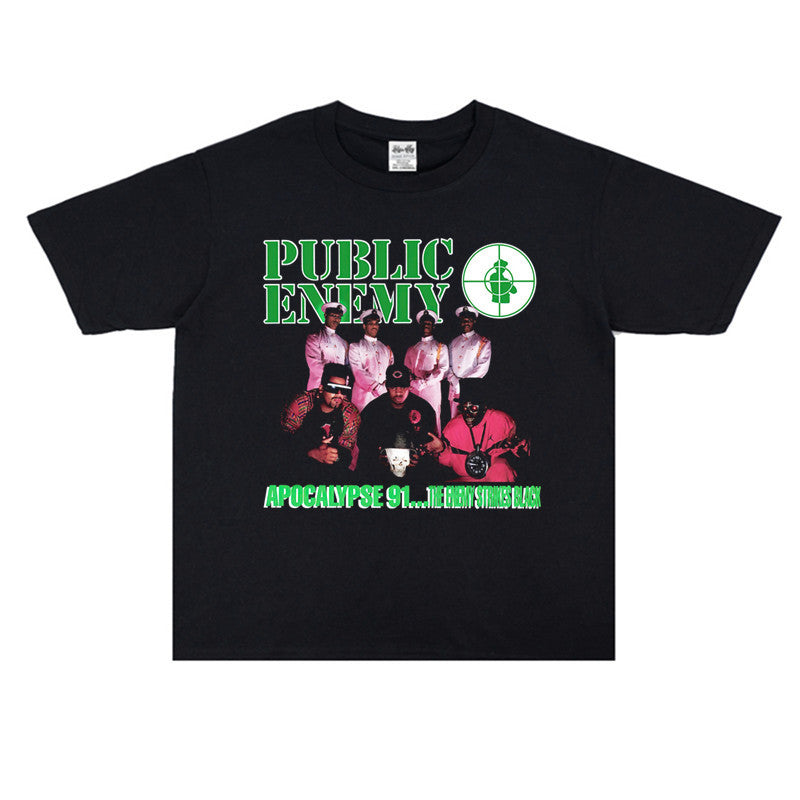 Rock Star T Shirt Hip-Hop Rap Public Enemies Band Washed Distressed T-shirt Short Sleeve