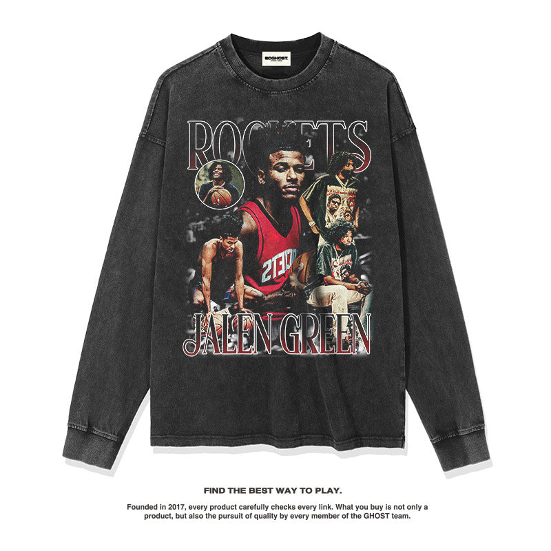 Nba Long Sleeved Shirt Autumn and Winter Jay Green American Street Fashion Brand round Neck Long Sleeve T-shirt