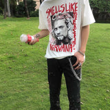 Men Vintage T-Shirts Vintage Red Cobain's suicide note High Street Short Sleeve Washing Water Old Loose
