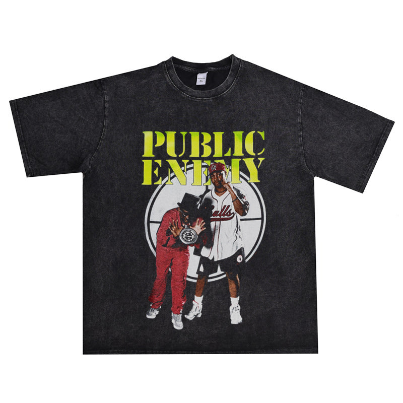 Rock Star T Shirt Hip-Hop Rap Public Enemies Band Washed Distressed T-shirt Short Sleeve