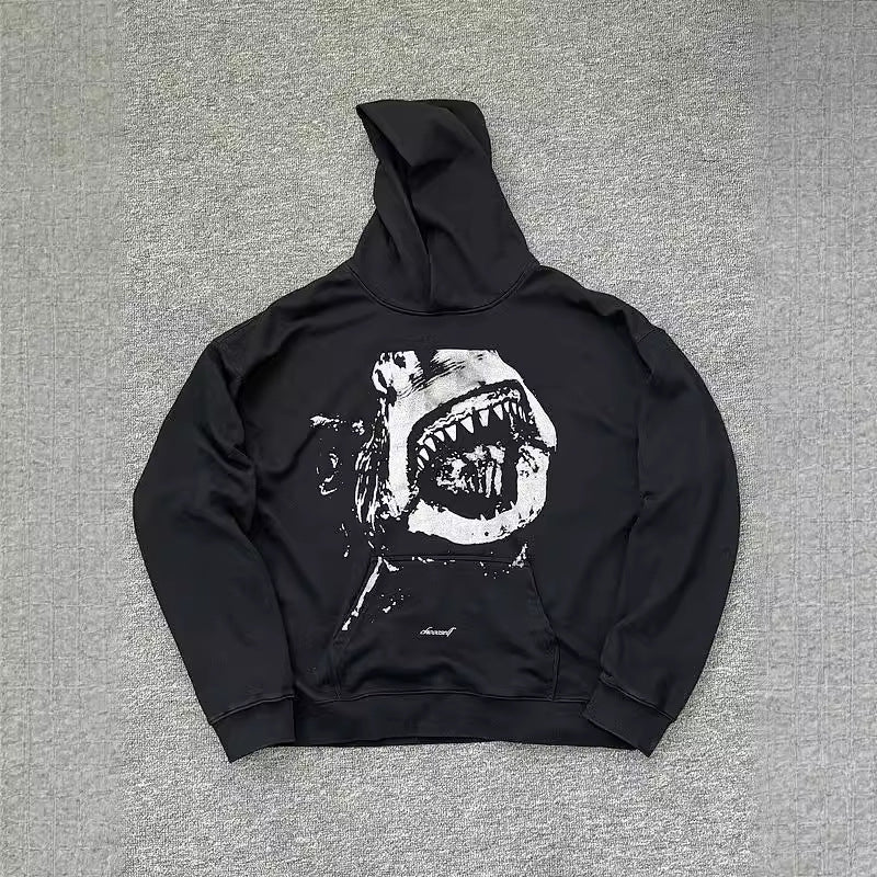 Men Vintage T-Shirts vintage old shark print casual hooded sweater