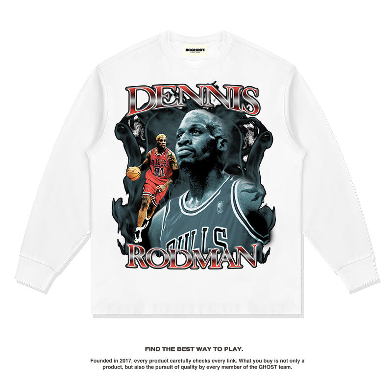 Nba Long Sleeve Shirt Rodman American Street Vintage Long Sleeve T-shirt Loose Washed-out