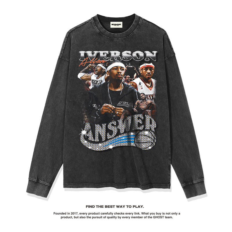 Nba Long Sleeve Shirt Allen Iverson Vintage American Printed Long Sleeve T-shirt for Men and Women
