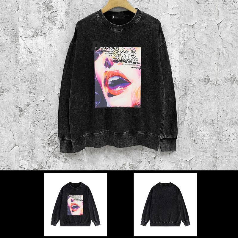 Purple Brand Distressed Sweatshirt Fashion Washed Black Long Sleeves Top