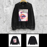 Purple Brand Distressed Sweatshirt Fashion Washed Black Long Sleeves Top