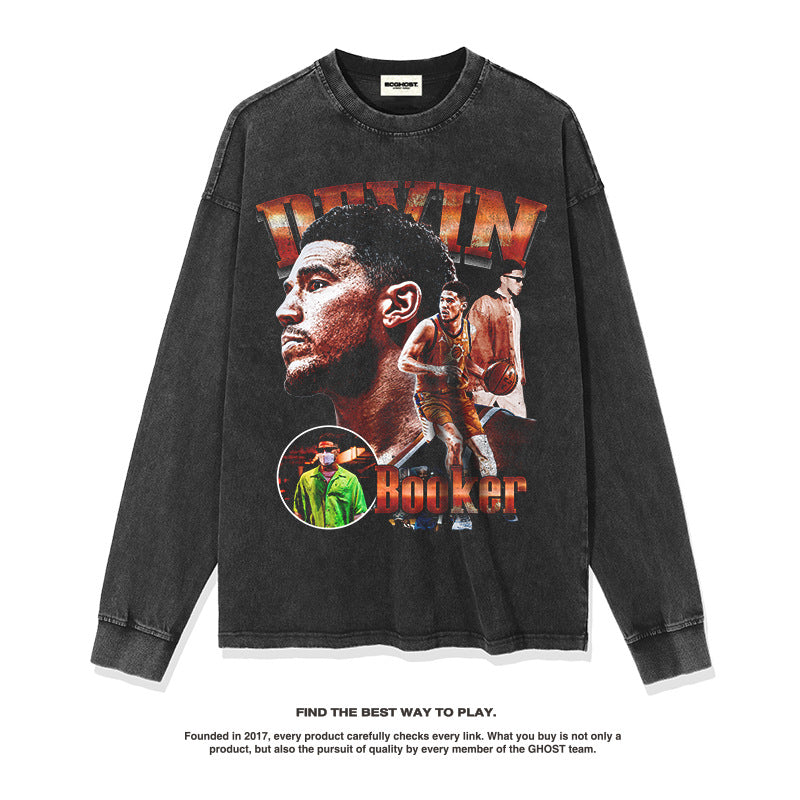 Nba Long Sleeved Shirt Autumn and Winter Long Sleeve T-shirt Washed Old Fashion Brand