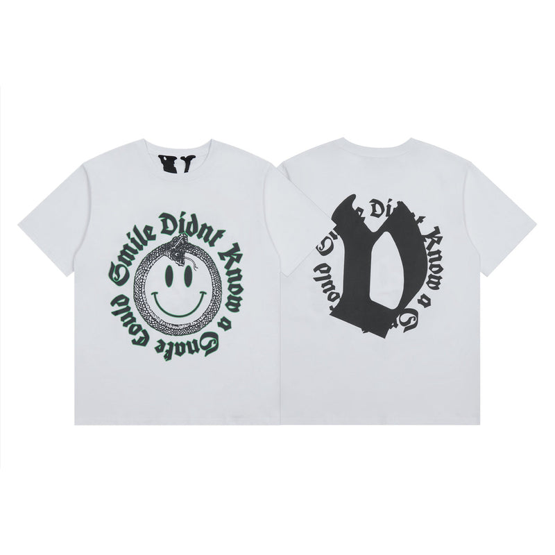 Vlone T Shirt Spring Summer Smiley Letter Pattern Crew Neck