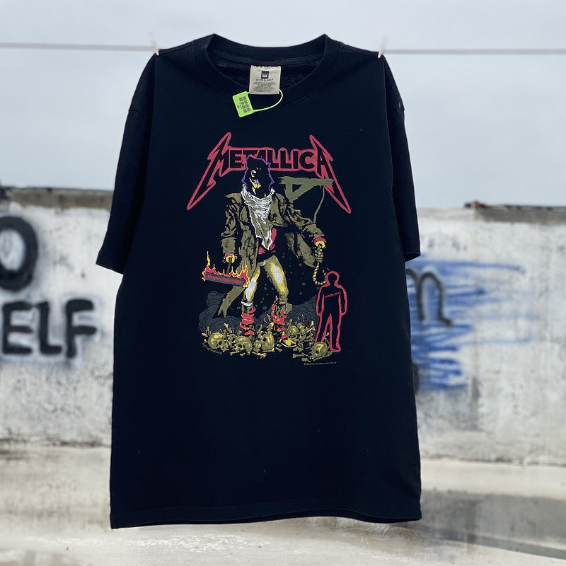 Men Vintage T-Shirts Lizard Man Printing METALLICA Washing Water Old Short Sleeves