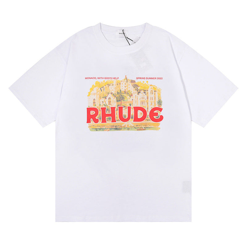 Rhude T Shirt Micro Label Castle Letter Logo Pattern Short Sleeve T-Shirt Loose