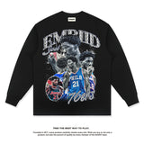 Nba Long Sleeved Shirt Enbidemei Style Washed Distressed Long Sleeve T-shirt Loose Cotton