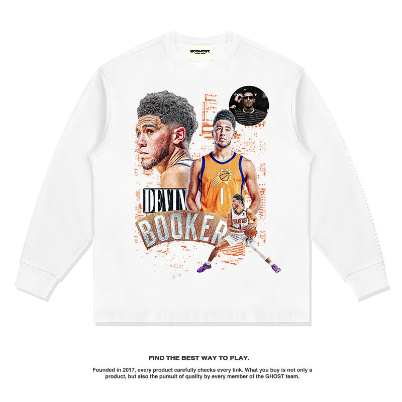 Nba Long Sleeve Shirt Autumn and Winter Devin Booker American Style Loose Heavy Long Sleeve T-shirt