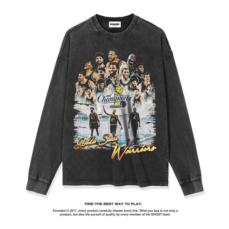 Nba Long Sleeve Shirt Loose Washed-out Cotton round Neck