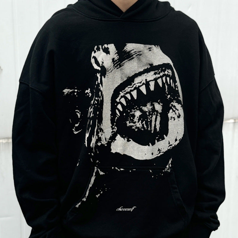 Men Vintage T-Shirts vintage old shark print casual hooded sweater