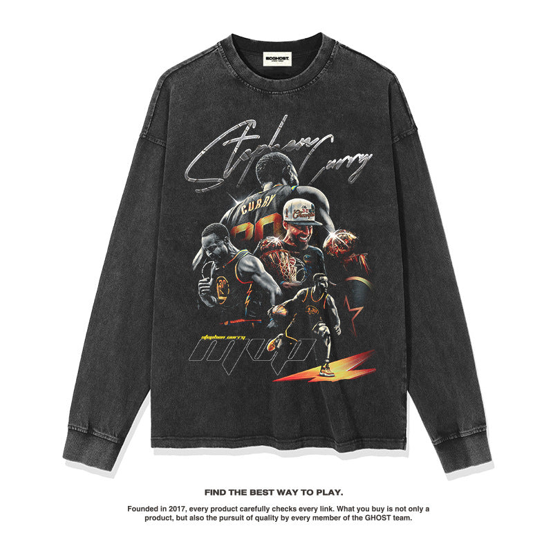 Nba Long Sleeve Shirt Curry American Street Long Sleeve T-shirt Loose Washed-out round Neck
