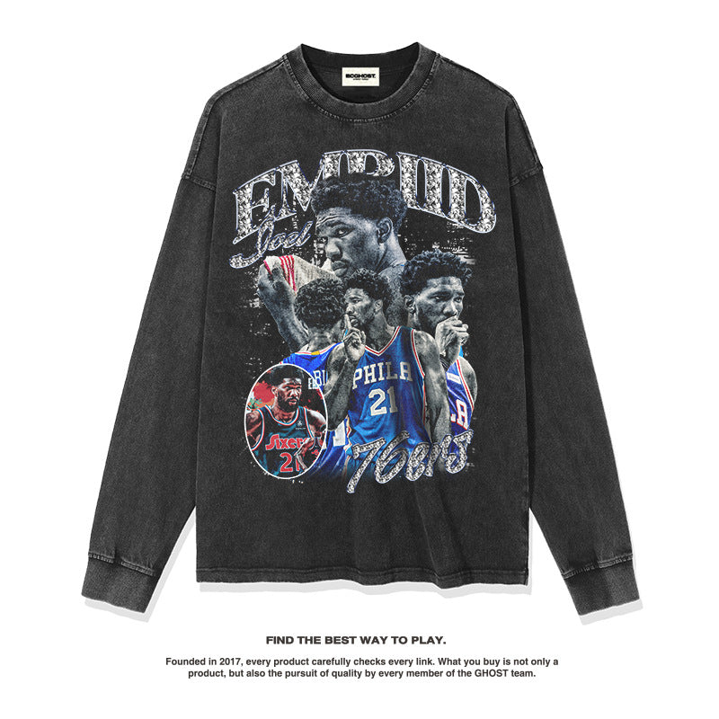 Nba Long Sleeved Shirt Enbidemei Style Washed Distressed Long Sleeve T-shirt Loose Cotton