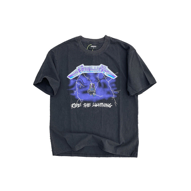 Men Vintage T-Shirts vintage Washing water Old Thunder Seat Short Sleeve High Street Loose