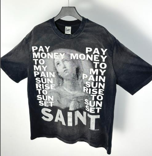 Men Vintage T-Shirts Saint "PAY MONEY TO MY PAIN SUN RISE TO SUN SET" Washed Black T-Shirts