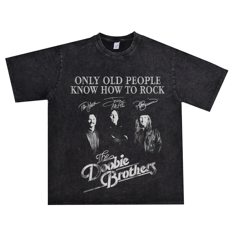 Rock Star T Shirt the Doobie Brothers Rock Band Washed Distressed T-shirt Short Sleeve Loose