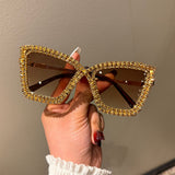 Trendy punk glasses cross frame big cat eyes with diamonds