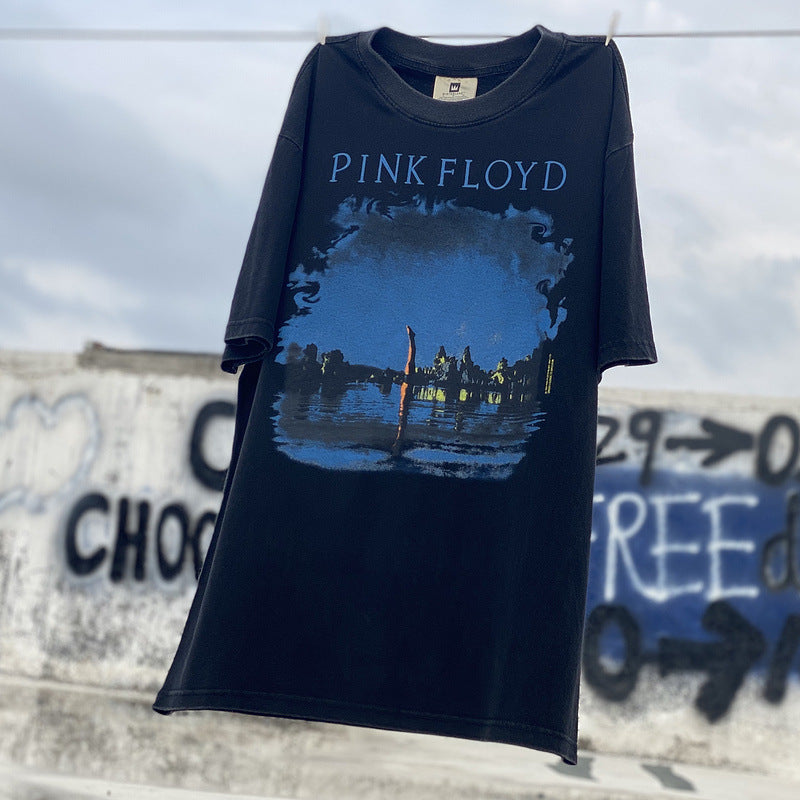 Men Vintage T-Shirts vintage Old Wash Short Sleeve Pink Floyd Pink Floyd Band