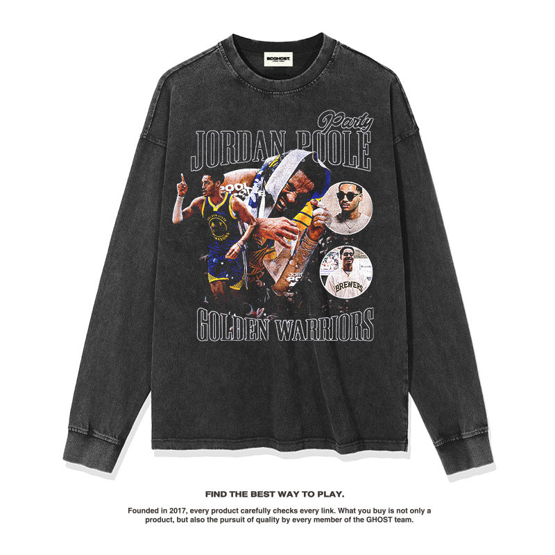 Nba Long Sleeve Shirt Loose Long Sleeve T-shirt Distressed Cotton Heavy round Neck Fashion Brand