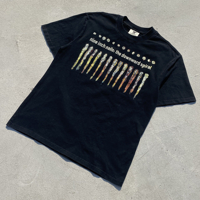 Men Vintage T-Shirts vintage Washing Water Old Nine Inch Nails Printed Short Sleeves Loose Casual