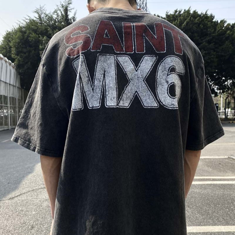 Mens Vintage T-Shirts SAINT MICHAEL CHO Redemption Day, Vintage Washed Short Sleeve T-Shirt