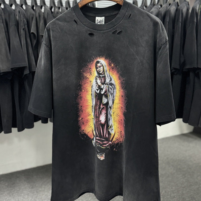 Mens Vintage T-Shirts SAINT MICHAEL Washing Water Old Ripped Virgin Mary T-Shirts