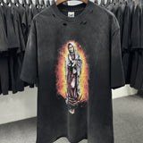 Mens Vintage T-Shirts SAINT MICHAEL Washing Water Old Ripped Virgin Mary T-Shirts