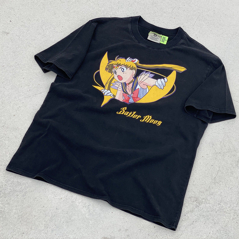 Mens Vintage T-Shirts vintage made old washed short sleeves Sailor Moon Water Ice Moon