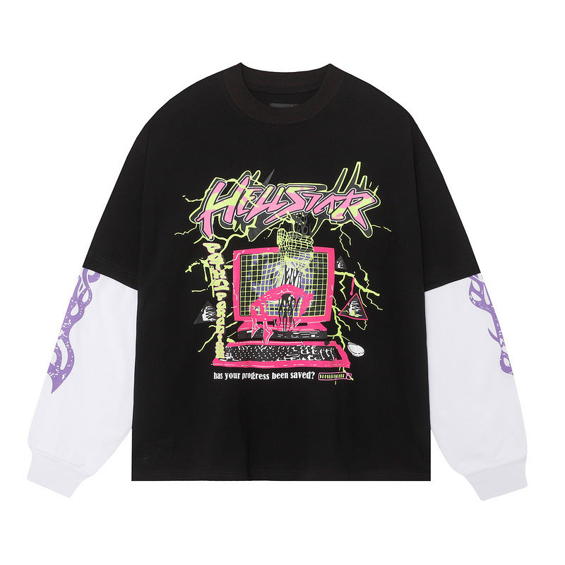 HS Long Sleeve Shirt Large Size Loose Pullover Long Sleeve Fake Two Pieces