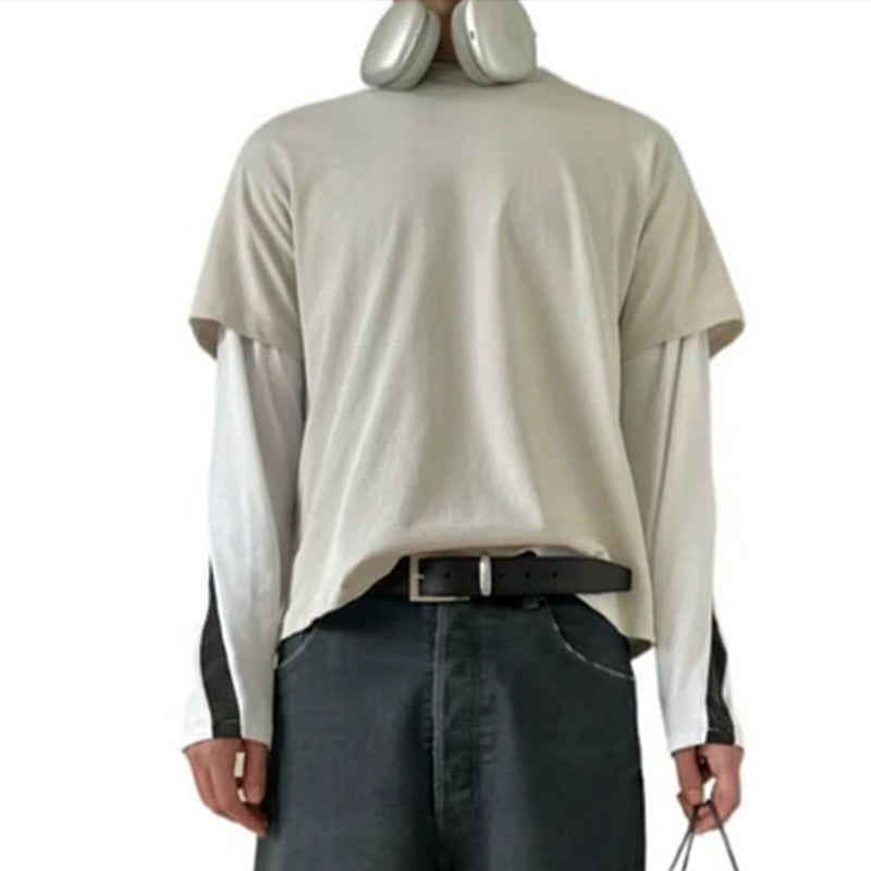 MIJKO Men Jacket Fake Two Long-sleeved Color Matching T-shirt