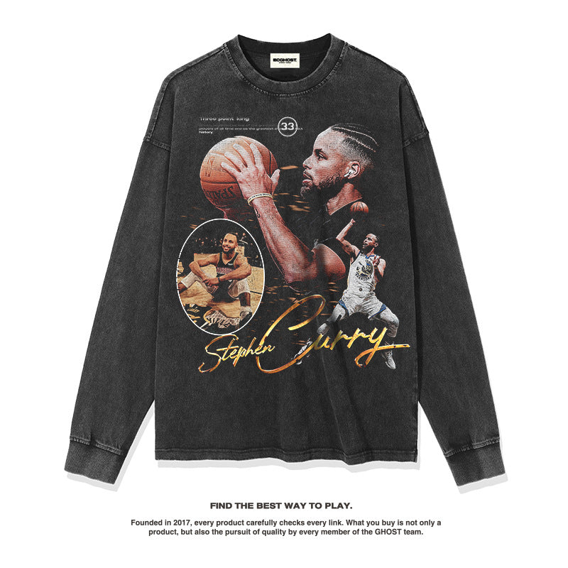 Nba Long Sleeved Shirt Autumn and Winter Curry Basketball Jersey Printed Long Sleeve T-shirt Washed Loose