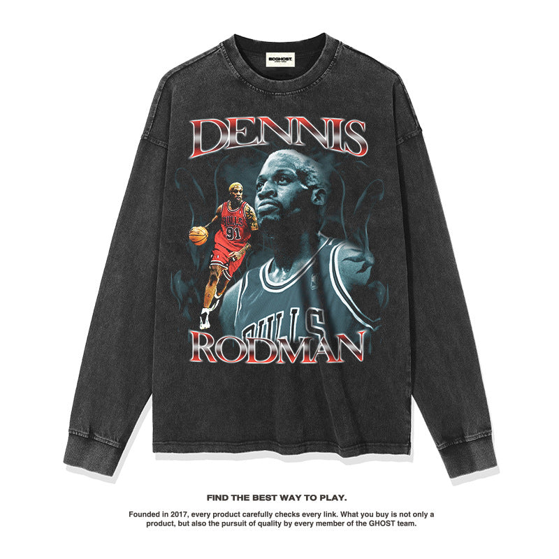 Nba Long Sleeve Shirt Rodman American Street Vintage Long Sleeve T-shirt Loose Washed-out