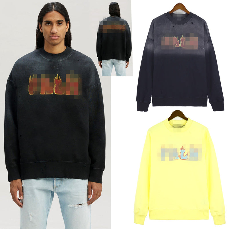 Palm Angle Sweatshirt Palm Angels Washed Flame Print Long Sleeve Crew Neck Sweater Men and Women